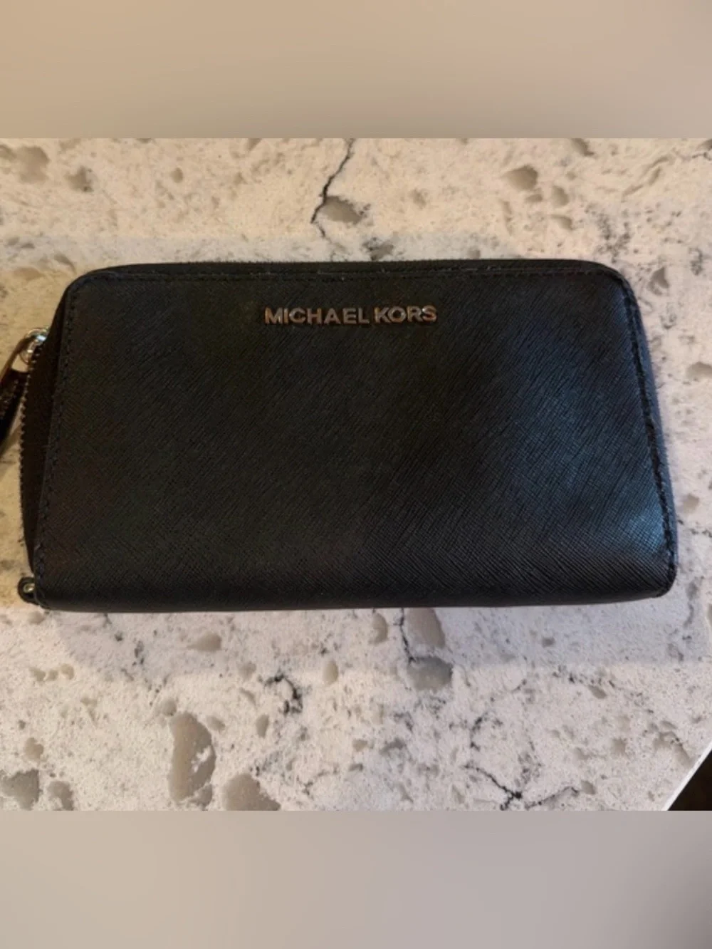 Michael Kors Black Saffiano Zip-Around Wallet with Gold Logo
